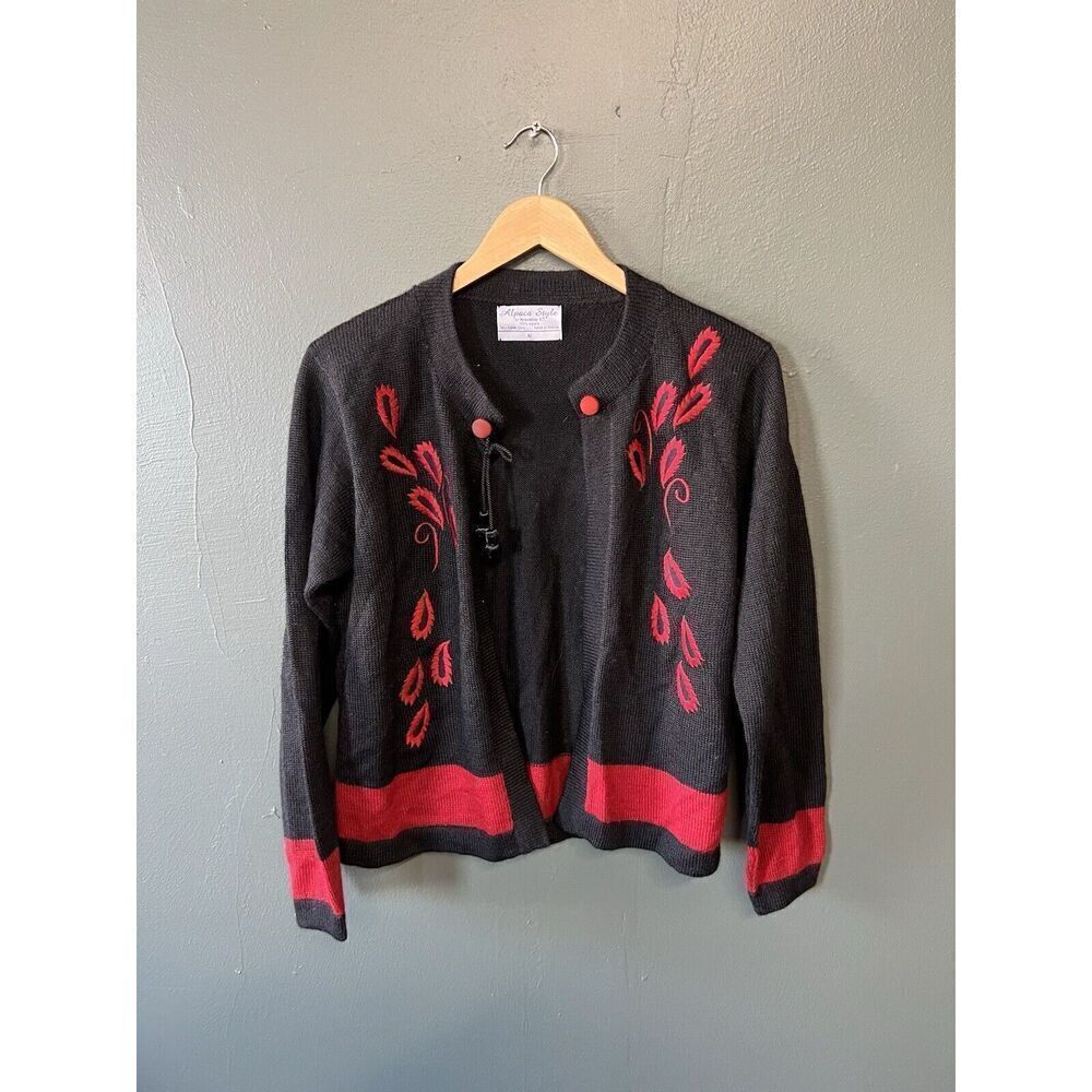 Alpaca Style by Artesanias Sweater Women M Black Red 100% Alpaca Open Cardigan